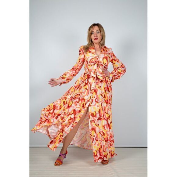 Dresses & Skirts - L'ATISTE Vibrant‎ Pleated Floral cut out Maxi Dress Long Sleeve V-Neck Wrap M